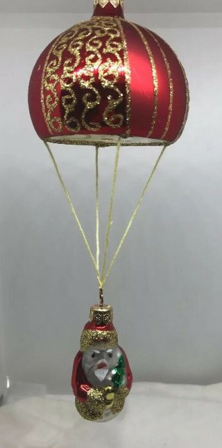 Vintage Christmas Ornament Santa In A Hot Air Balloon Red And Gold Glass Poland