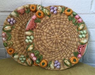 Vintage Woven Straw Place Mats W/ Raised Fruit / Place Setting Picnic