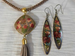 Vintage Cloisonne Enamel Floral Pendant Tassel Necklace And Earrings Set