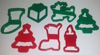 7 - 1994 Vintage Ekco Green & Red Plastic Christmas Cookie Cutters Tree Candle