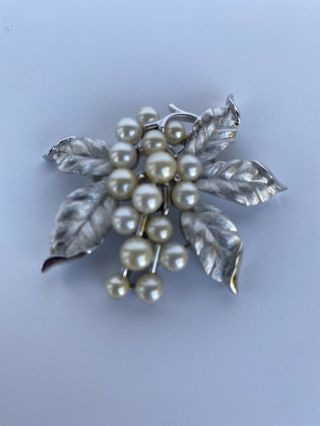 2 Vintage Crown Trifari Faux Pearl Silver Tone Grape Leaf Pin Brooch 2 