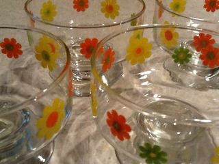 Vintage Set Of 4 Footed Dessert Bowls Clear W/ Yellow Orange Green Flowers Euc