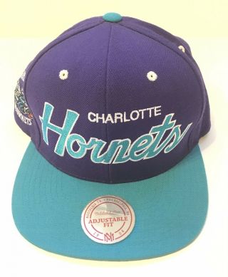 Mitchell & Ness Charlotte Hornets Snapback Hat Adjustable Fit Purple And Teal