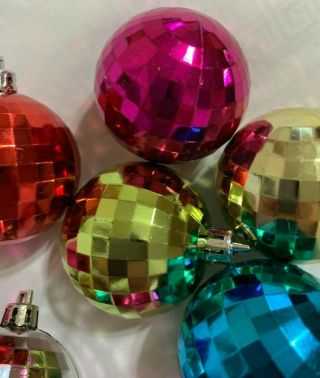 8 Vintage Plastic Disco Ball Christmas Ornaments Red Blue Silver Green Pink
