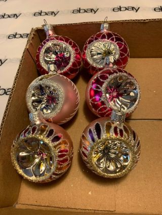 6 X Vintage Hand Painted Glass Indented Christmas Ornaments Sn 043
