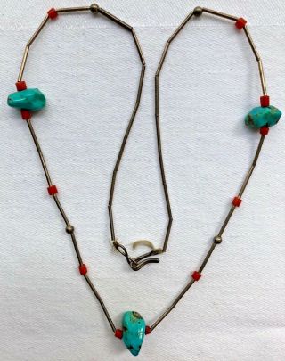 Vintage Southwestern Silver Coral Turquoise Nugget Necklace Native American