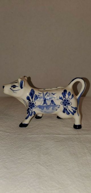 Vintage Ceramic Cow Creamer Delft Style Blue White Windmill And Flowers