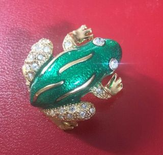 Roman Vintage Signed Frog Pin Brooch Gold Tone Green Enamel Clear Rhinestone