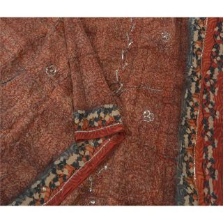 Tcw Sanskrit Vintage Dark Red Saree Pure Crepe Silk Hand Beaded Craft Fabric Sar