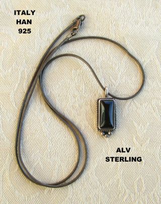 Estate Vintage Signed Alv 925 Sterling Silver Necklace With Black Onyx Cabochon