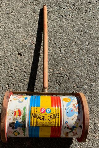 Vintage Fisher Price Musical Chime Push Pull Toy 1951 Makes Music Metal Wood