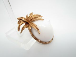 Large Dome White Fruit With Gold Tone Leaf Spray Vintage Brooch Pin 2.  25 " Long