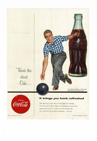 Vintage 1954 Coca - Cola Coke Time Soft Drink Eddie Fisher Bowling Ad Print