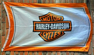 Harley Davidson Sheild Orange Bar Logo White Satin Fabric Sign Poster Banner