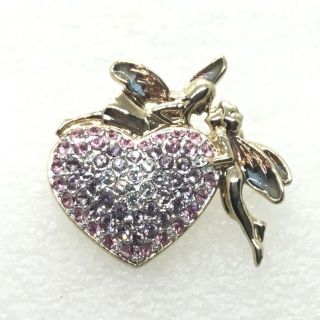 Signed Monet Vintage Fairy Duo Heart Brooch Pin Rhinestone Enamel Jewelry