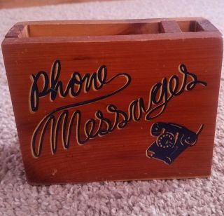 Vintage Wood Phone Messages Memo Pad Pen Holder