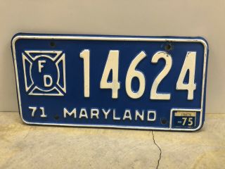 Vintage 1971 Maryland Firefighter License Plate