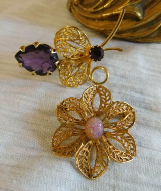 Vintage Set Of 2 Floral Flower Pins Purple Glass,  Opal Glass So Pretty