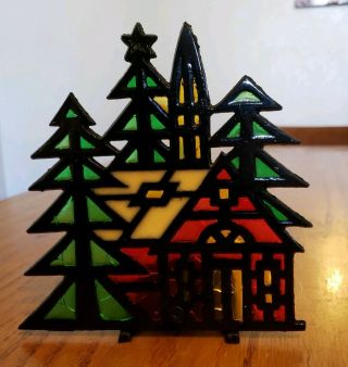 Vintage Stained Glass Cast Iron Church & Trees Votive Candle Holder - Lovely