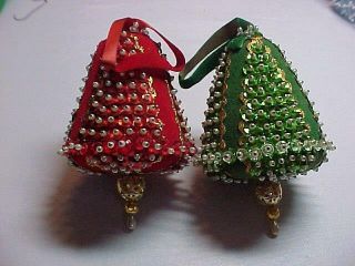2 Vintage Red Green Bell Beads Sequins Handmade Fauxberge Xmas Ornaments