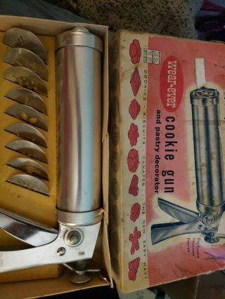 Wear Ever Metal Cookie Gun Press Disk Pastry Decorator Set Orig Box Vintage