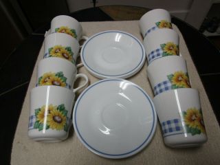 Set Of 8 Corning Ware Glass Coffee Mugs And Saucers.  Vintage.  Made In Usa.