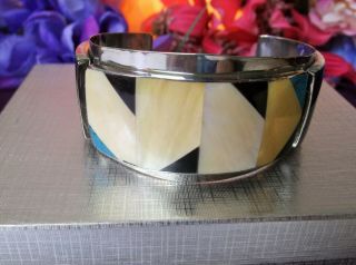 Vintage Estate Mother Of Pearl Stone Inlay Chrome Silver Tone Cuff Bracelet