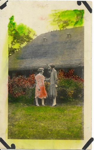 Vtg Tinted Colored Photo Woman Girl By House Garden Flowers
