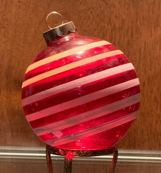 Vintage Wwii Era Unsilvered Striped Red Christmas Tree Ornament 2.  75”