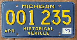 Michigan 1993 Historical Vehicle License Plate 001 235