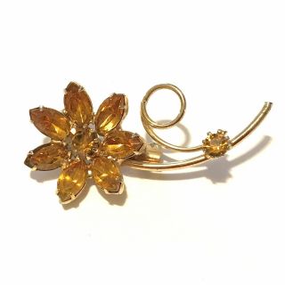 Vintage Orange Rhinestone Gold Tone Flower Brooch Pin