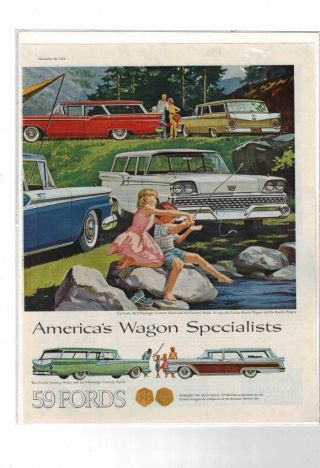 Vintage 1959 Ford Country Sedan Fordor Ranch Station Wagon Fishing Ad Print B564