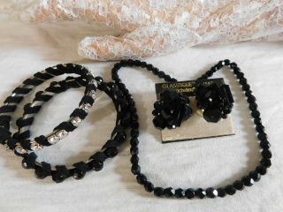 Vintage Jet Black Glass Beaded Necklace,  Cluster Earrings And Bracelets Set