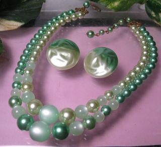 Vintage Double Strand Necklace Clip Earrings Set Lime Beads & Moonstones