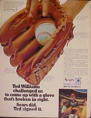 1970 Ted Williams Boston Red Sox Sears Baseball Gloves Mitts Sports Print Ad