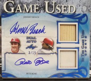Johnny Bench Pete Rose 2019 Leaf In The Game Autograph Dual Relic 3/15 Auto
