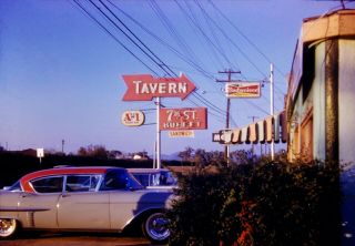 Vintage Color Photo Slide 2 Toned 1957 Cadillac Car Tavern Budweiser Beer Signs
