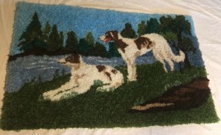 Handmade Vintage Hooked Yarn Rug 23 X 36 (borzoi?) Hound Dogs Woods Lake Scene