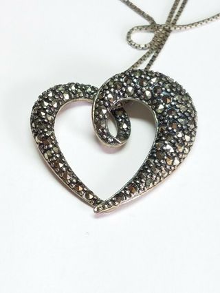 Vintage 925 Sterling Silver Marcasite Open Heart Pendant Necklace