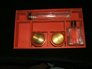 Vintage 1940 - 50s Set Glass Jars & Bottles Vanity Set W/red & Gold Tops - Set Of 4