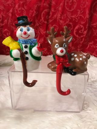 Vintage Christmas Stocking Holder Reindeer Deer & Snowmplastic Holiday Mantle