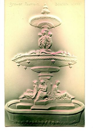 Brewer Fountain - Boston - Massachusetts - Vintage Embossed Airbrushed Postcard