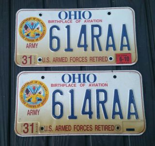 Ohio " Armed Forces U.  S.  Veteran License Plates Pair U.  S.  Army.  Retired.  614 Raa