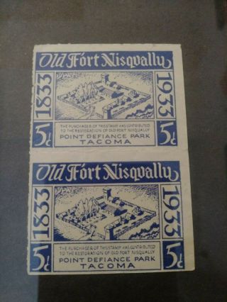 2 Vintage Poster Stamps Old Fort Nisqually 1933 Tacoma Wa Point Defiance