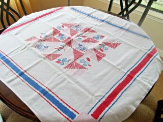 Vintage Red White Blue Patterned Table Cloth Heavy Cotton 48 " X 44 "