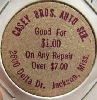 Vintage Casey Bros Auto Service Jackson,  Ms Wooden Nickel - Token Mississippi