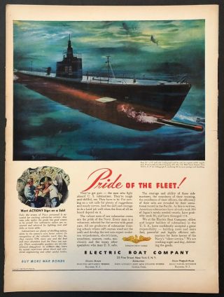 Vintage 1944 Electric Boat Company Submarine Print Ad - Wwii Ww2 Navy Sailor
