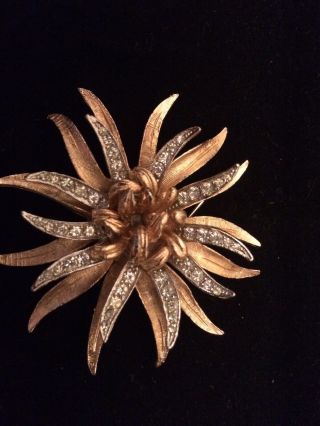 Coro Brooch Pin With Clear Rhinestone Flower Accents Gold Tone 2.  5 " Inch Vintage