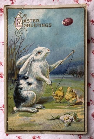 Vintage Easter Greetings Postcard Bunny Rabbit,  Yellow Chicks,  Easter Eggs