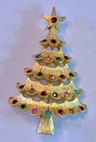Vintage Gold Tone Rhinestone Signed Mylu Christmas Tree Brooch Pin Jewelry
